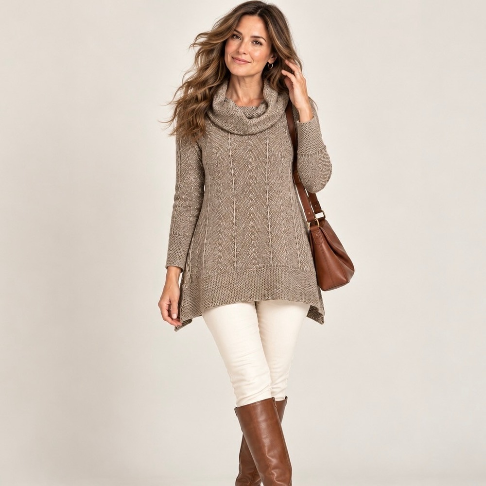 Eight Eight Eight Tan Cotton Cowl Neck M Knit Sweater Tunic Cozy Lagenlook